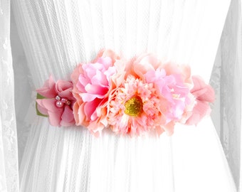 Bridal Ribbon Sash Belt - Wedding Dress Sashes Belts - Coral Pink Flower Rustic Floral Ribbon Belt Maternity Sash