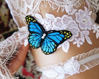 Wedding Garter Bridal Garter Butterfly Garter Set - Alice in Wonderland Wedding Flower Garter Belts - White Lace Royal Blue Lace Garter