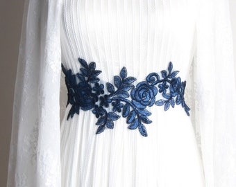 Bridal Sash Belt Wedding Sash Belt Wedding Dress Belts Sashes - Navy Blue Sash Belt Embroidery Lace Ribbon Belt - Floral Sash Belt