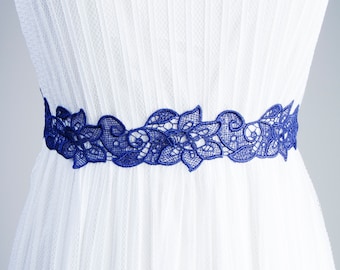 Bridal Navy Blue Lace Sash Belt - Wedding Sash Belt Wedding Dress Sashes Belts - Floral Ribbon Sash Belt - Something Blue Navy Blue Gift