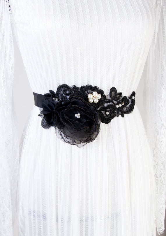 Bridal Sash Belt Wedding Sash Belt Black Flower Sash Ribbon | Etsy