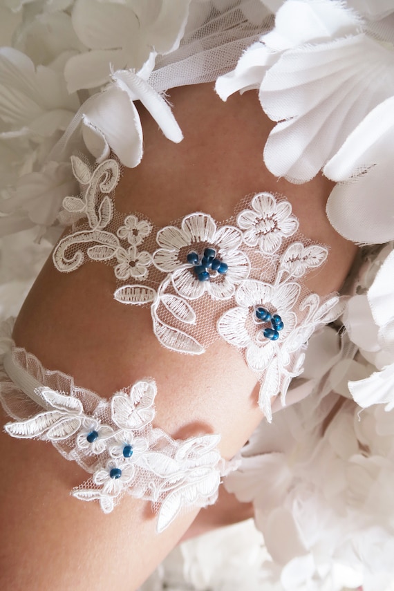 Bridal Garter Set, White, Ivory & Blue