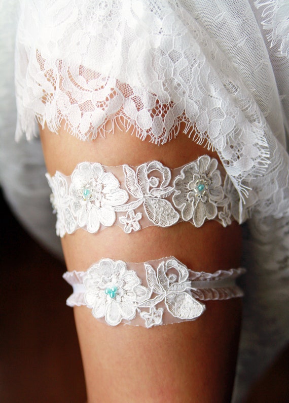 Wedding Garter Set Bridal Garter Belt Ivory Blue Garter Lace