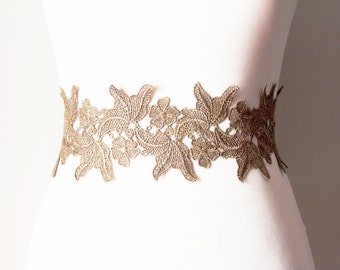 Embroidery Lace Flower Ribbon Sash Belt - Wedding Dress Sashes Belts - Fossil Coffee Golden Gold Latte Brown