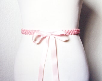 Pink Skinny Pearl Beading Sash Belt Headband - Wedding Dress Beaded Belts Sashes - Bridal Bridesmaid Flower Girl