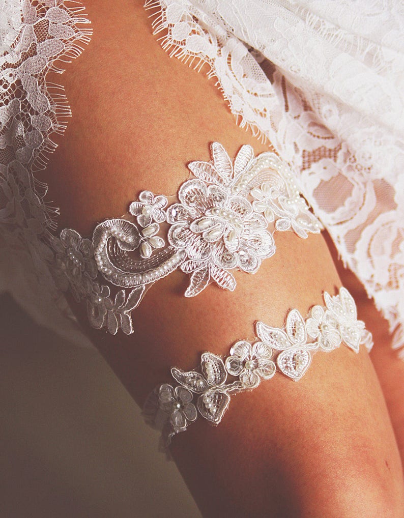 Bridal Garter Wedding Garter Set Keepsake Garter Toss Garter Included Ivory Garter Beaded Flower Lace Garter Garters Vintage Inspired image 3