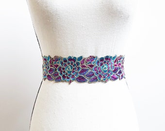 FloraL Embroidered Lace Sash Belt - Bridal Dress Sashes Belts Wedding Floral Flower Sash Belt Purple Teal Blue Bridesmaid Ribbon Belt