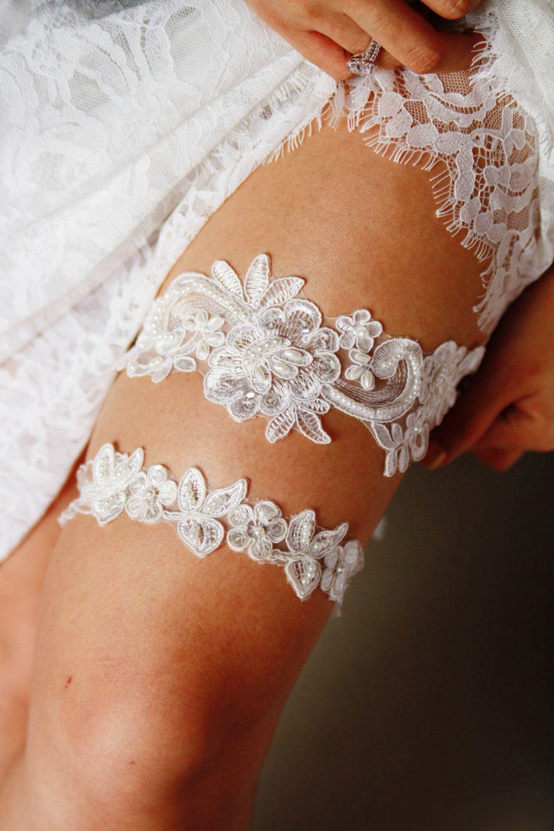 Bridal Garter Wedding Garter Set Keepsake Garter Toss Garter Included Ivory Garter Beaded Flower Lace Garter Garters Vintage Inspired image 1