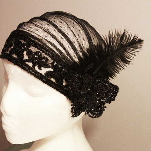 Black Butterfly Feather Cap Swiss Dots 