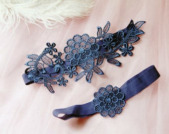 Wedding Garter Set Bridal Garter Set - Navy Blue Garter Lace Garter - Keepsake Garter Toss Garter Something Blue Garters Floral Garter Boho