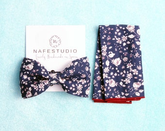 Men's Bow Tie Pre-tied Bow Tie - Navy Blue Bow Tie Floral Bow Tie - Mens Gift Wedding Gifts Rustic Bow Tie Boho Wedding Groom Bow Tie