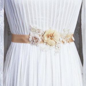 Bridal Sash Belt Wedding Dress Sashes Belts Champagne Tan Light Gold Beige Flower Sash Belt Embroidery Lace Ribbon Belt Bridesmaids Belts Style 1