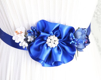 Royal Blue Floral Bridal Dress Sash Belt Wedding Sashes Belts - Something Blue Ribbon Maternity Sash Bridal Shower Gift