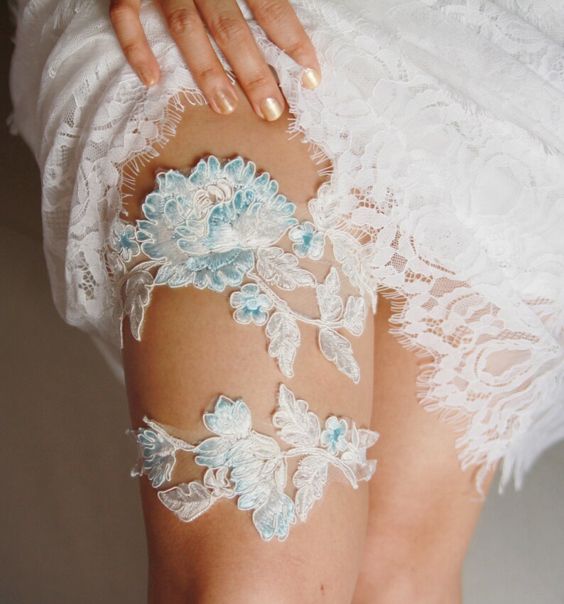 Wedding Garter Set Bridal Garter Belt Ivory Blue Garter