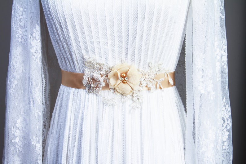 Bridal Sash Belt Wedding Dress Sashes Belts Champagne Tan Light Gold Beige Flower Sash Belt Embroidery Lace Ribbon Belt Bridesmaids Belts image 5