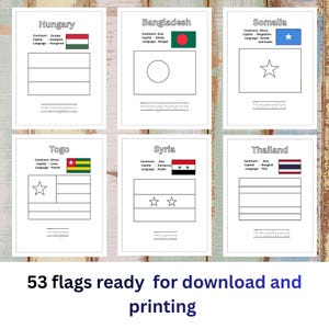 Könnte beinhalten: Sechs weiße Karten mit Länderflaggen und -namen, darunter Ungarn, Bangladesch, Somalia, Togo, Syrien und Thailand. Jede Karte hat eine Flaggenillustration, den Ländernamen und Details. Der Text "53 flags ready for download and printing" steht unten.