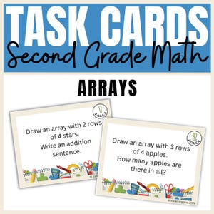 Op de afbeelding: Twee rechthoekige educatieve taakkaarten voor wiskunde in het tweede leerjaar met de tekst ARRAYS. Elke kaart bevat een genummerde cirkel, wiskundige opgaven over het tekenen van rijen sterren of appels en een rand met schoolspullen.