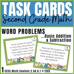 Tarjetas de actividades de matemáticas para segundo grado / CCSS 2.OA.A.1 /TEKS / Suma, resta, problemas verbales