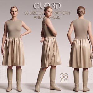 Può includere: Un abito beige con corpetto aderente e gonna fluida, abbinato a stivali al ginocchio coordinati. L'immagine mostra l'abito da più angolazioni, con il testo "CLO3D" e "38 SIZE CLOTH PATTERN AND DRESS".