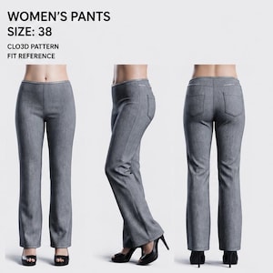 Può includere: Immagine a tre viste di pantaloni grigi. I pantaloni sono a gamba dritta con una leggera svasatura sul fondo. I pantaloni hanno una vita aderente e tasche sul retro. Il testo "WOMEN'S PANTS SIZE: 38" è in alto.