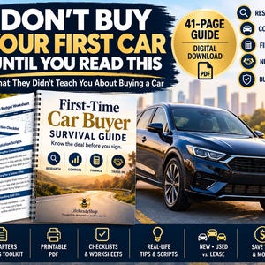 Peut inclure: Un guide numérique de 41 pages intitulé First-Time Car Buyer Survival Guide, avec une couverture à spirales illustrant une route, accompagné d'un SUV noir, d'une feuille de budget mensuel, d'une liste de contrôle et de scripts de négociation.