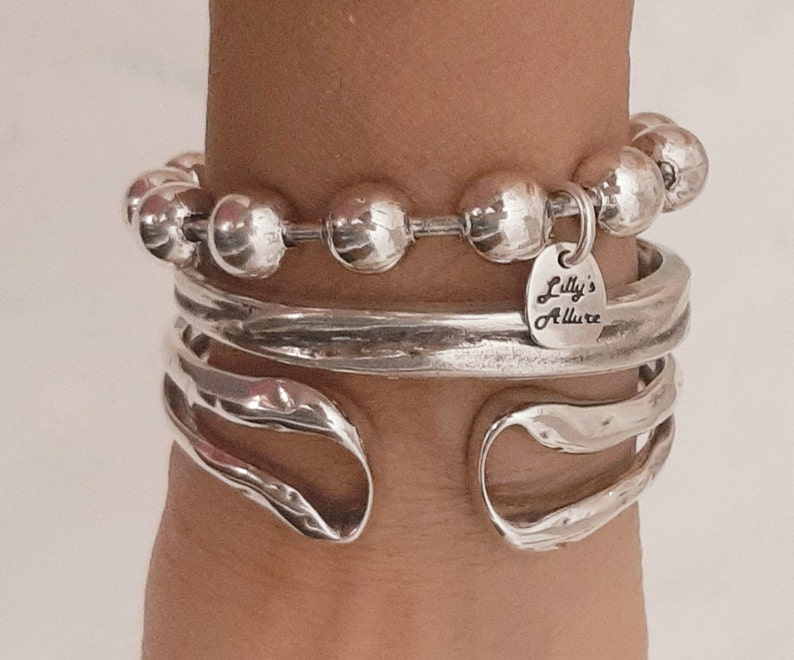 silver bracelet for women chunky balls 10mm round silver plated cuff bracelet silver bangle pewter silver plated 2 microns unique Set 3 bracelets