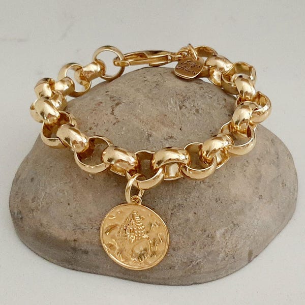 Stackable 18k Gold Plated chunky Rolo Chain Bracelet: Coin charm