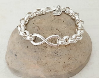 silver chain bracelet for woman Rolo chain 9mm round silver plated high quality infinity design lobster closure  easy to wear it.