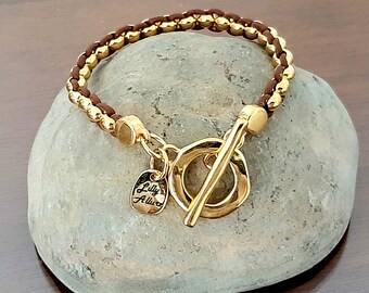 bracelet for woman 24k gold plated beads and leather best gift for valentines