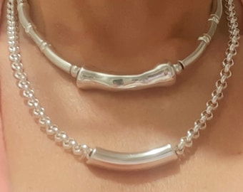Silver Plated Rolo Chain Necklace: Hammered Tube Pendant