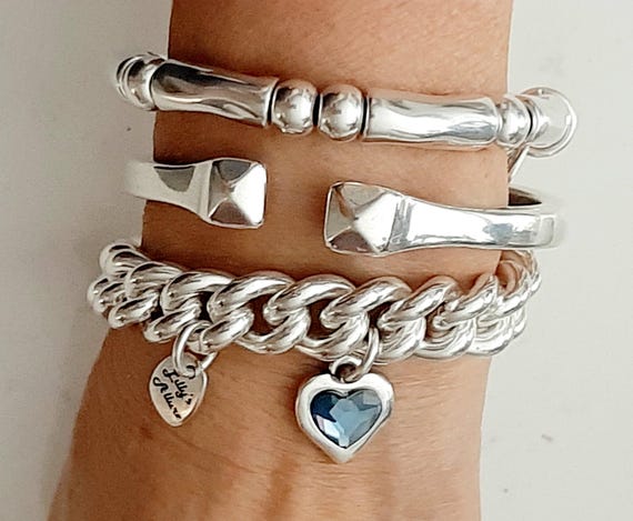 Stackable Sterling Silver Plated, Swarovski heart chain bracelet: luxury set
