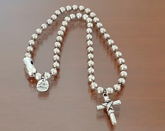Sterling Silver Plated Ball Chain Necklace: Pewter Cross Pendant