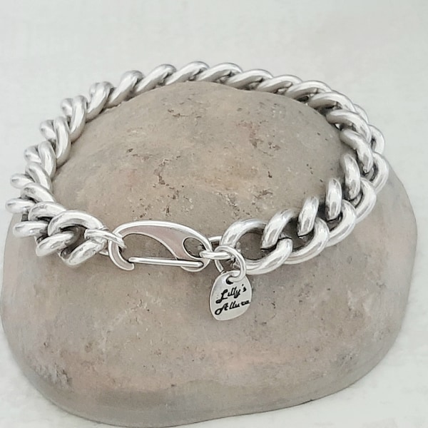 silver bracelet chunky chain curb style large size for men unique closure very easy to wear