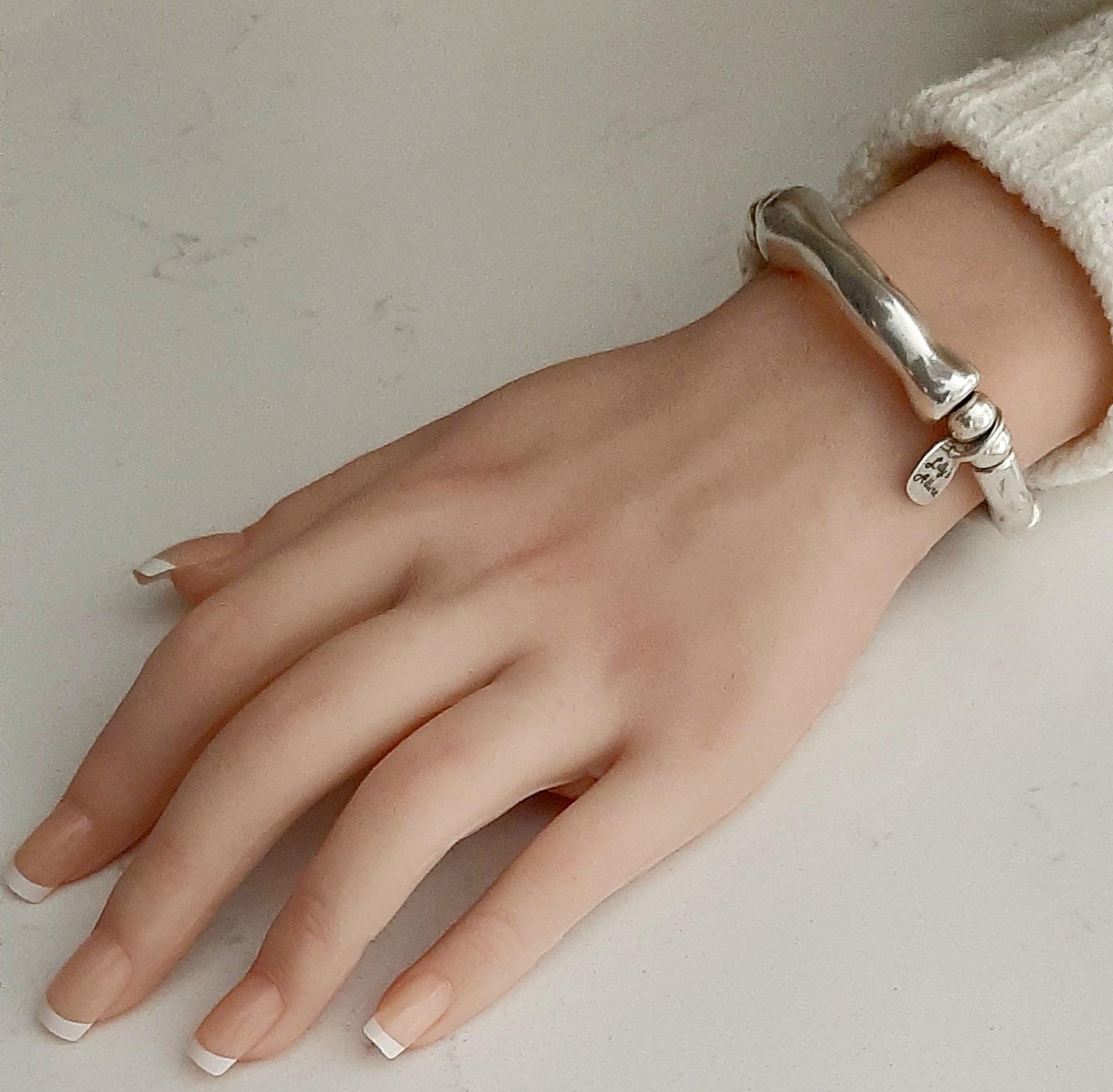 Sterling Silver Plated Chunky Bangle Set, Modern Stackable Curb