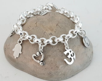 silver bracelet for woman  chain rolo link 6mm silver plated charms love money balance and lucky easy to wear small and large sizes