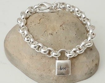 silver bracelet for woman rolo chain 6mm link silver plated with a beautiful padlock design very unique easy to wear come in large sizes