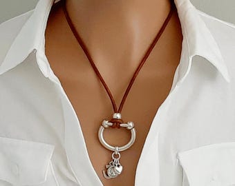 Layered Silver & Leather Necklace: Sterling Silver Plated, Modern Western Style