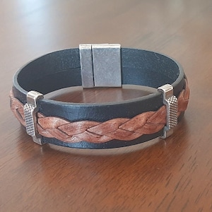 Mens Braided Leather Bracelet: Pewter Accents, Magnetic Clasp