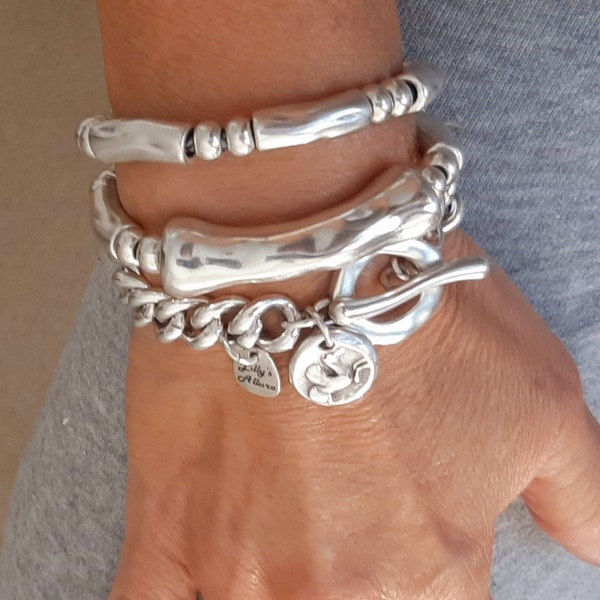 silver bracelets for women chunky silver bracelet silver jewelry hammered tube and silver bangles  with closure very safe curb chain 10x13mm