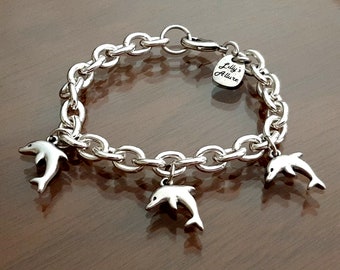 Dolphin Charm Bracelet: Sterling silver plated Chain Link Bracelet, Animal Lover Gift