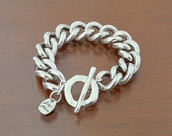 stackable Chunky Sterling Silver Plated Curb Chain Bracelet: Hammered Toggle Design