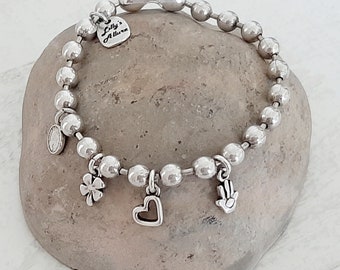 Silver bracelet for woman small balls bracelet silver plated 6mm round with charms (love ,money, blessing & good luck)easy closure best gift