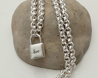 Sterling Silver Plated Rolo Chain Necklace: Padlock Pendant, 6mm Link