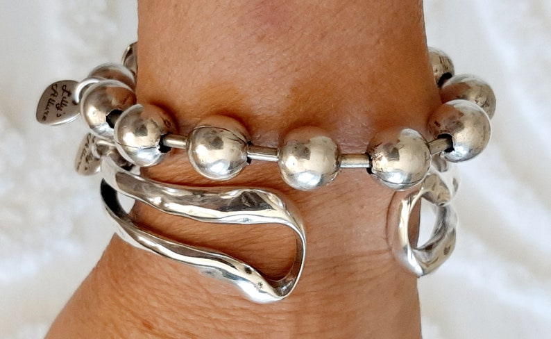 silver bracelet for women chunky balls 10mm round silver plated cuff bracelet silver bangle pewter silver plated 2 microns unique Set 2 Balls/Cuff
