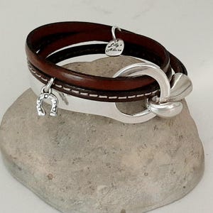 Sterling Silver Plated Horse Bangle: Western Style Leather Bracelet