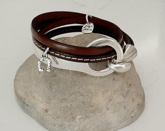 Sterling Silver Plated Horse Bangle: Western Style Leather Bracelet