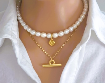 18k Gold Plated Chain and Freshwater pearls Necklace set unique pendant