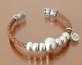 Braided Leather Bracelet with Silver Beads: Secure Closure