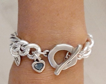Stackable sterling Silver plated chunky Chain  Swarovski Heart  Toggle