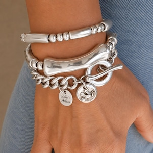 Sterling Silver Plated Chunky Bangle Set, Modern Stackable Curb Chain